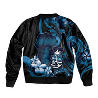 Blue Hafa Adai Guam Sleeve Zip Bomber Jacket Chamorro Latte Stone Hand With Plumeria