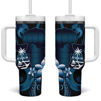 Blue Hafa Adai Guam Tumbler With Handle Chamorro Latte Stone Hand With Plumeria