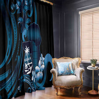 Blue Hafa Adai Guam Window Curtain Chamorro Latte Stone Hand With Plumeria