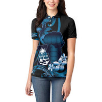 Blue Hafa Adai Guam Women Polo Shirt Chamorro Latte Stone Hand With Plumeria