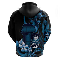 Blue Hafa Adai Guam Zip Hoodie Chamorro Latte Stone Hand With Plumeria
