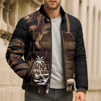Brown Hafa Adai Guam Bomber Puffer Jacket Chamorro Latte Stone Hand With Plumeria - Polynesian Pride