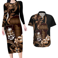 Brown Hafa Adai Guam Couples Matching Long Sleeve Bodycon Dress and Hawaiian Shirt Chamorro Latte Stone Hand With Plumeria LT14 Brown - Polynesian Pride
