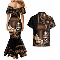 Brown Hafa Adai Guam Couples Matching Mermaid Dress and Hawaiian Shirt Chamorro Latte Stone Hand With Plumeria