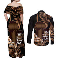 Brown Hafa Adai Guam Couples Matching Off Shoulder Maxi Dress and Long Sleeve Button Shirt Chamorro Latte Stone Hand With Plumeria
