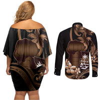 Brown Hafa Adai Guam Couples Matching Off Shoulder Short Dress and Long Sleeve Button Shirt Chamorro Latte Stone Hand With Plumeria