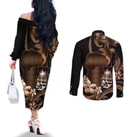 Brown Hafa Adai Guam Couples Matching Off The Shoulder Long Sleeve Dress and Long Sleeve Button Shirt Chamorro Latte Stone Hand With Plumeria