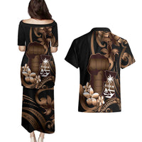 Brown Hafa Adai Guam Couples Matching Puletasi and Hawaiian Shirt Chamorro Latte Stone Hand With Plumeria