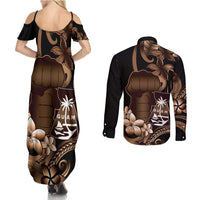 Brown Hafa Adai Guam Couples Matching Summer Maxi Dress and Long Sleeve Button Shirt Chamorro Latte Stone Hand With Plumeria