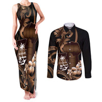 Brown Hafa Adai Guam Couples Matching Tank Maxi Dress and Long Sleeve Button Shirt Chamorro Latte Stone Hand With Plumeria
