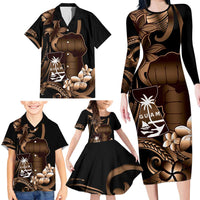 Brown Hafa Adai Guam Family Matching Long Sleeve Bodycon Dress and Hawaiian Shirt Chamorro Latte Stone Hand With Plumeria LT14 - Polynesian Pride