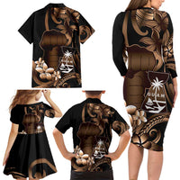 Brown Hafa Adai Guam Family Matching Long Sleeve Bodycon Dress and Hawaiian Shirt Chamorro Latte Stone Hand With Plumeria LT14 - Polynesian Pride