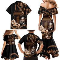 Brown Hafa Adai Guam Family Matching Mermaid Dress and Hawaiian Shirt Chamorro Latte Stone Hand With Plumeria LT14 - Polynesian Pride