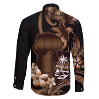 Brown Hafa Adai Guam Family Matching Off The Shoulder Long Sleeve Dress and Hawaiian Shirt Chamorro Latte Stone Hand With Plumeria LT14 - Polynesian Pride