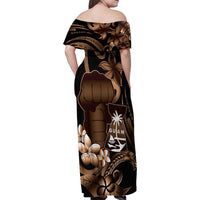 Brown Hafa Adai Guam Family Matching Off Shoulder Maxi Dress and Hawaiian Shirt Chamorro Latte Stone Hand With Plumeria LT14 - Polynesian Pride