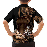 Brown Hafa Adai Guam Family Matching Off Shoulder Short Dress and Hawaiian Shirt Chamorro Latte Stone Hand With Plumeria LT14 - Polynesian Pride