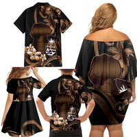 Brown Hafa Adai Guam Family Matching Off Shoulder Short Dress and Hawaiian Shirt Chamorro Latte Stone Hand With Plumeria LT14 - Polynesian Pride