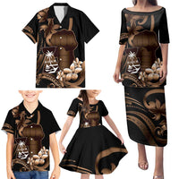 Brown Hafa Adai Guam Family Matching Puletasi and Hawaiian Shirt Chamorro Latte Stone Hand With Plumeria LT14 - Polynesian Pride