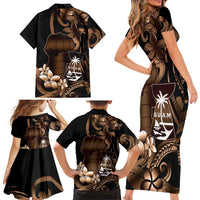 Brown Hafa Adai Guam Family Matching Short Sleeve Bodycon Dress and Hawaiian Shirt Chamorro Latte Stone Hand With Plumeria LT14 - Polynesian Pride