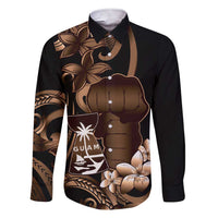 Brown Hafa Adai Guam Family Matching Short Sleeve Bodycon Dress and Hawaiian Shirt Chamorro Latte Stone Hand With Plumeria LT14 Dad's Shirt - Long Sleeve Brown - Polynesian Pride