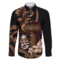 Brown Hafa Adai Guam Family Matching Tank Maxi Dress and Hawaiian Shirt Chamorro Latte Stone Hand With Plumeria LT14 Dad's Shirt - Long Sleeve Brown - Polynesian Pride
