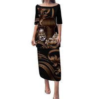 Brown Hafa Adai Guam Puletasi Chamorro Latte Stone Hand With Plumeria