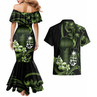 Green Hafa Adai Guam Couples Matching Mermaid Dress and Hawaiian Shirt Chamorro Latte Stone Hand With Plumeria