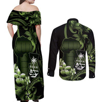 Green Hafa Adai Guam Couples Matching Off Shoulder Maxi Dress and Long Sleeve Button Shirt Chamorro Latte Stone Hand With Plumeria