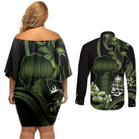 Green Hafa Adai Guam Couples Matching Off Shoulder Short Dress and Long Sleeve Button Shirt Chamorro Latte Stone Hand With Plumeria