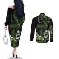 Green Hafa Adai Guam Couples Matching Off The Shoulder Long Sleeve Dress and Long Sleeve Button Shirt Chamorro Latte Stone Hand With Plumeria