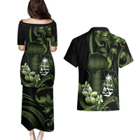 Green Hafa Adai Guam Couples Matching Puletasi and Hawaiian Shirt Chamorro Latte Stone Hand With Plumeria
