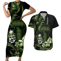 Green Hafa Adai Guam Couples Matching Short Sleeve Bodycon Dress and Hawaiian Shirt Chamorro Latte Stone Hand With Plumeria LT14 Green - Polynesian Pride