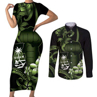 Green Hafa Adai Guam Couples Matching Short Sleeve Bodycon Dress and Long Sleeve Button Shirt Chamorro Latte Stone Hand With Plumeria