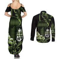 Green Hafa Adai Guam Couples Matching Summer Maxi Dress and Long Sleeve Button Shirt Chamorro Latte Stone Hand With Plumeria