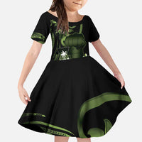 Green Hafa Adai Guam Family Matching Long Sleeve Bodycon Dress and Hawaiian Shirt Chamorro Latte Stone Hand With Plumeria LT14 Daughter's Dress Green - Polynesian Pride