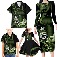 Green Hafa Adai Guam Family Matching Long Sleeve Bodycon Dress and Hawaiian Shirt Chamorro Latte Stone Hand With Plumeria LT14 - Polynesian Pride
