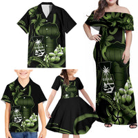 Green Hafa Adai Guam Family Matching Off Shoulder Maxi Dress and Hawaiian Shirt Chamorro Latte Stone Hand With Plumeria