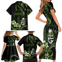 Green Hafa Adai Guam Family Matching Short Sleeve Bodycon Dress and Hawaiian Shirt Chamorro Latte Stone Hand With Plumeria LT14 - Polynesian Pride