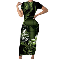 Green Hafa Adai Guam Family Matching Short Sleeve Bodycon Dress and Hawaiian Shirt Chamorro Latte Stone Hand With Plumeria LT14 Mom's Dress Green - Polynesian Pride