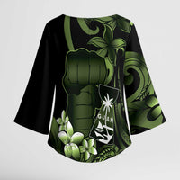 Green Hafa Adai Guam Kimono Sleeve Blouse Chamorro Latte Stone Hand With Plumeria - Polynesian Pride