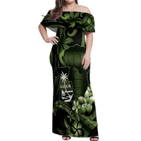 Green Hafa Adai Guam Off Shoulder Maxi Dress Chamorro Latte Stone Hand With Plumeria