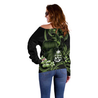 Green Hafa Adai Guam Off Shoulder Sweater Chamorro Latte Stone Hand With Plumeria