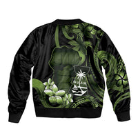 Green Hafa Adai Guam Sleeve Zip Bomber Jacket Chamorro Latte Stone Hand With Plumeria LT14 - Polynesian Pride