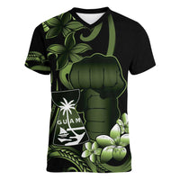 Green Hafa Adai Guam Women V-Neck T-Shirt Chamorro Latte Stone Hand With Plumeria