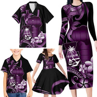 Purple Hafa Adai Guam Family Matching Long Sleeve Bodycon Dress and Hawaiian Shirt Chamorro Latte Stone Hand With Plumeria LT14 - Polynesian Pride