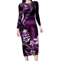 Purple Hafa Adai Guam Family Matching Long Sleeve Bodycon Dress and Hawaiian Shirt Chamorro Latte Stone Hand With Plumeria LT14 Mom's Dress Purple - Polynesian Pride
