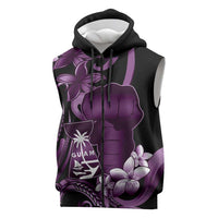 Purple Hafa Adai Guam Sleeveless Zip Hoodie Chamorro Latte Stone Hand With Plumeria - Polynesian Pride