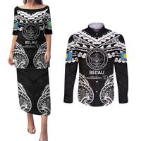 Palau Constitution Day Couples Matching Puletasi and Long Sleeve Button Shirt Belau Seal With Polynesian Pattern - Black LT14 Black - Polynesian Pride