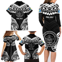 Palau Constitution Day Family Matching Long Sleeve Bodycon Dress and Hawaiian Shirt Belau Seal With Polynesian Pattern - Black LT14 - Polynesian Pride