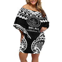 Palau Constitution Day Off Shoulder Short Dress Belau Seal With Polynesian Pattern - Black LT14 Women Black - Polynesian Pride